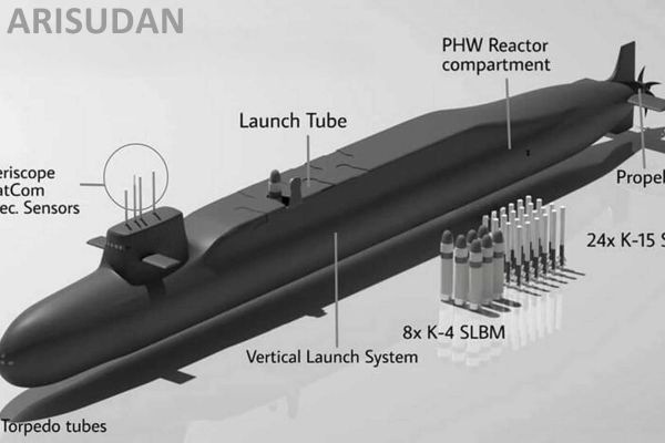 The future S4*, expected to be named INS Arisudan, increases the number of VLS cells from four to eight, carrying up to 24 K-15 SLBMs, up to eight K-4 IRBMs, or a mixed configuration depending on operational requirements. (Picture source: Army Recognition based on visuals from X/News IADN)