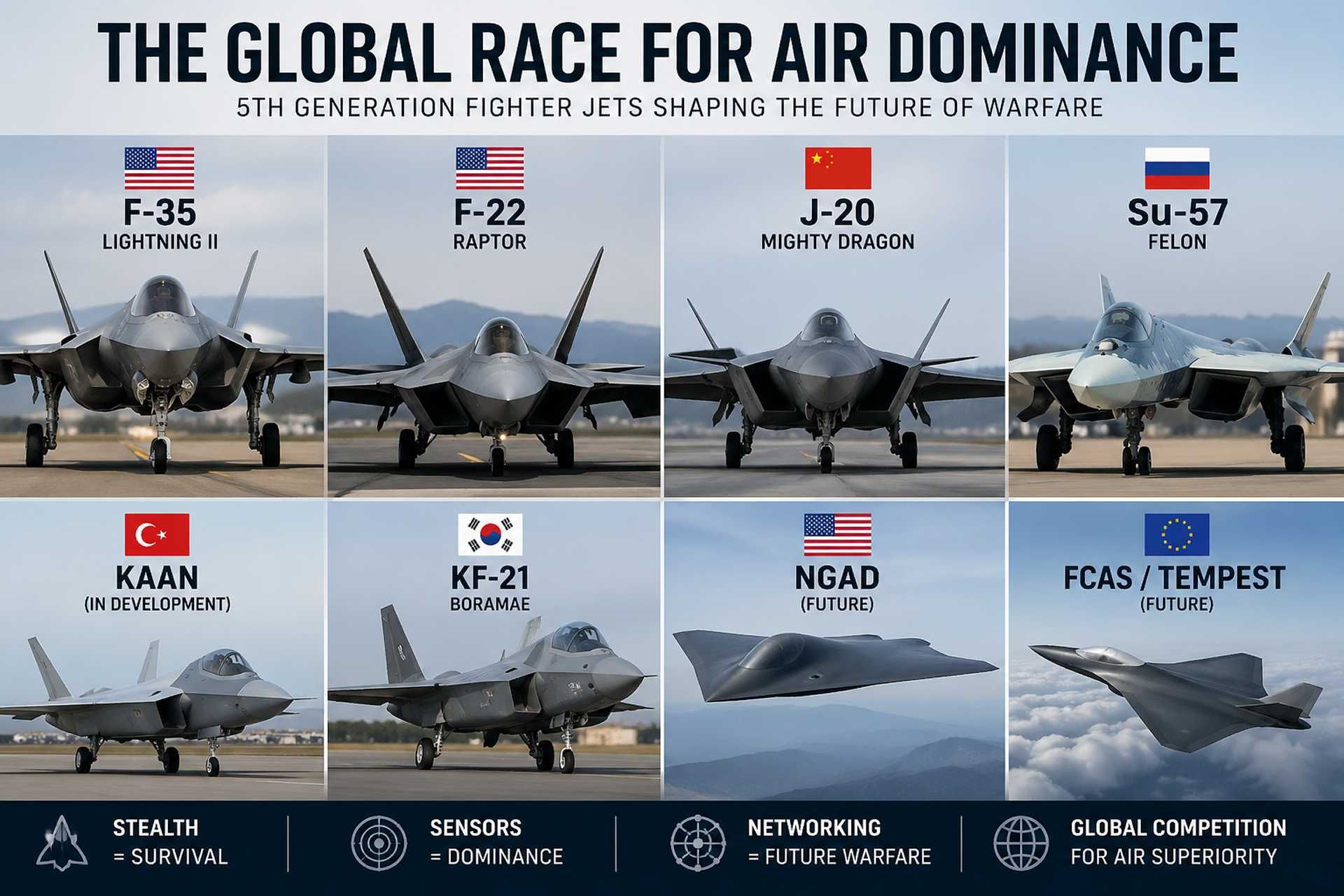 Images showing the latest fifth-generation fighter aircraft worldwide, illustrating the global race for air dominance driven by stealth, sensors, and networked warfare. Picture source: Army Recognition, protected illustration, reproduction prohibited without permission.