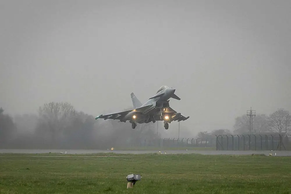British Royal Air Force Eurofighter Typhoon departs RAF Coningsby for forward deployment to Qatar on 6 March 2026, supporting sustained UK-led air defence operations and protection of British forces and regional partners across the Middle East.