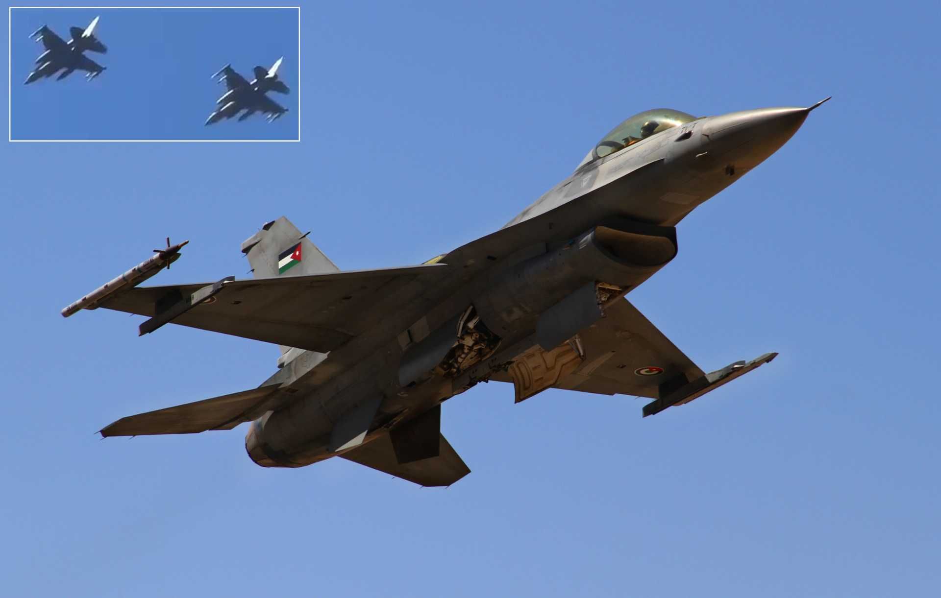 The Royal Jordanian Air Force scrambled a part of its 64 F-16A/B fighter jets, armed with AIM-120C AMRAAM and AIM-9M Sidewinder missiles, to intercept Iranian drones crossing toward and within Jordanian airspace during Epic Fury. (Picture source: US Air Force and X/OSINTdefender - Edit by Army Recognition)