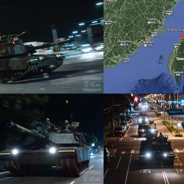 Taiwan’s 584th Armored Brigade rolled its newly commissioned U.S.-made M1A2T Abrams tanks through a combat-readiness drill around Hsinchu, rehearsing how heavy armor, infantry vehicles, and missile teams would defend the island’s high-tech heartland under growing Chinese military pressure (Picture source: Taiwan’s Military News Agency / Google Earth)