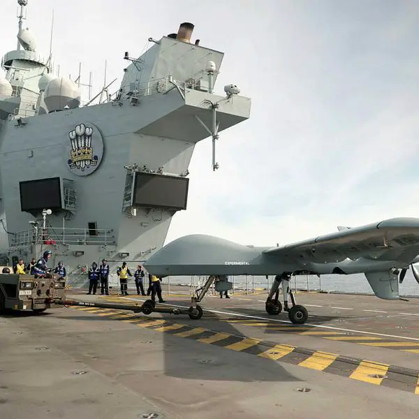 Mojave STOL unmanned aerial vehicle pictured on the flight deck of the Royal Navy aircraft carrier HMS Prince of Wales during a landmark trial on November 15, 2023. During the demonstration conducted off the U.S. East Coast, the remotely piloted aircraft successfully executed a short takeoff, deck circuits, and a full recovery landing, marking the first time a UAS of its class operated from an aircraft carrier.
