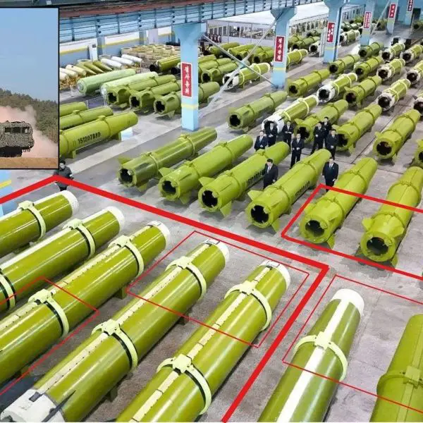 Rare state media imagery from inside a North Korean missile factory shows parallel production of two Hwasong-11 short-range ballistic missile variants, highlighting Pyongyang’s ability to sustain both domestic arsenals and overseas transfers (Picture Source: North Korean State Media Agency)