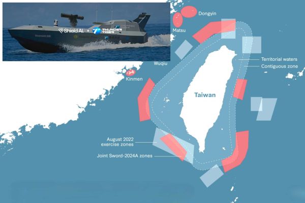 Taiwan is advancing AI-enabled maritime defense by integrating Shield AI’s Hivemind autonomy software into Thunder Tiger’s unmanned surface vessels to support distributed coastal warfare operations in contested waters (Picture Source: SHIELD AI / CSIS, Edited By Army Recognition Group)