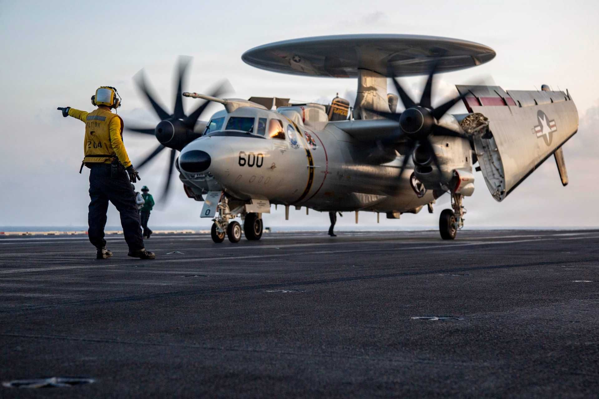 E-2D Advanced Hawkeye from USS Abraham Lincoln provides real-time airborne command and control during Operation Epic Fury, detecting Iranian missiles and drone swarms at long range while coordinating integrated air and missile defense across U.S. naval and joint forces.