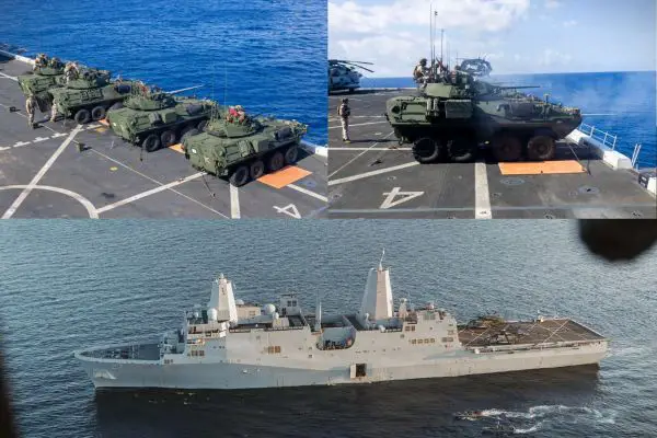 U.S. Marines demonstrated a new littoral combat concept by firing an LAV-25 armored reconnaissance vehicle from the flight deck of the USS Portland (LPD 27), testing how embarked ground forces can deliver immediate direct fire from sea-based positions in the Indo-Pacific (Picture Source: U.S. Navy / U.S. Marines)