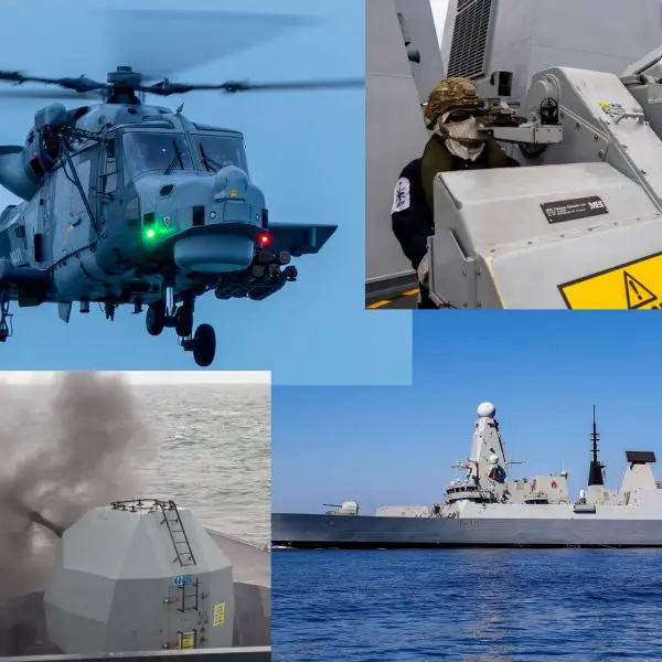 Royal Navy destroyer HMS Duncan and her Wildcat helicopter repelled swarms of drones, uncrewed surface vessels and simulated missiles off Wales in a high-intensity test of the UK’s layered naval air defence for critical infrastructure protection (Picture Source: Royal British Navy)