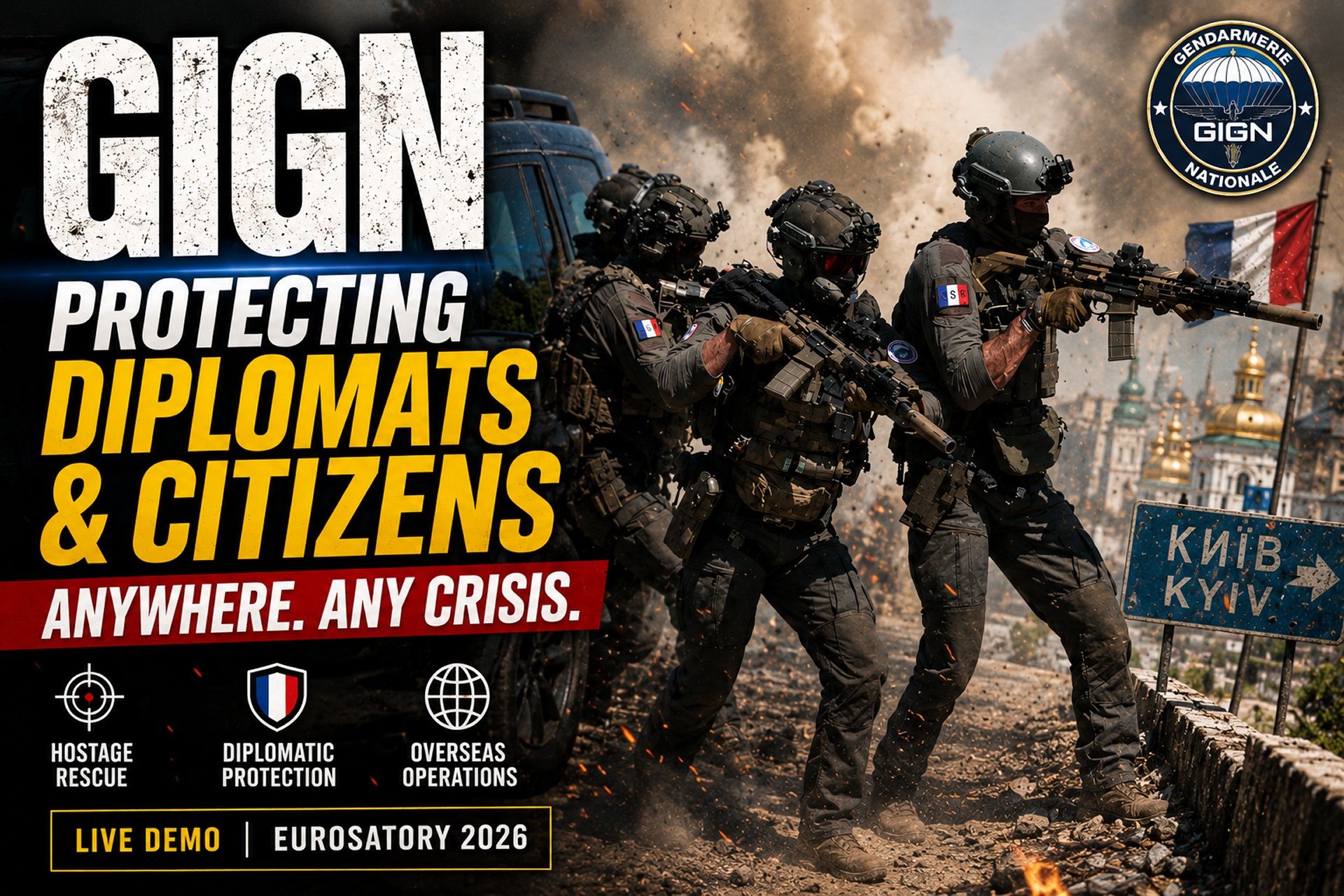 France's elite GIGN counterterrorism unit demonstrated a realistic overseas hostage rescue mission at Eurosatory 2026, simulating the extraction of a French diplomat trapped by terrorists in Kyiv to showcase France's rapid crisis response capabilities abroad (Picture Source: Army Recognition Group)