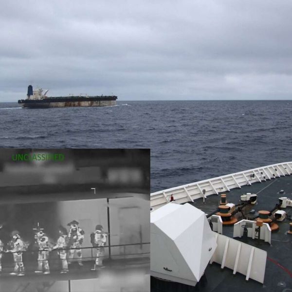 U.S. and UK forces seized the tanker Marinera after a two-week North Atlantic chase, using Coast Guard tracking, allied surveillance, and a special-operations helicopter boarding, despite Russian naval shadowing (Picture source: U.S. DoW).