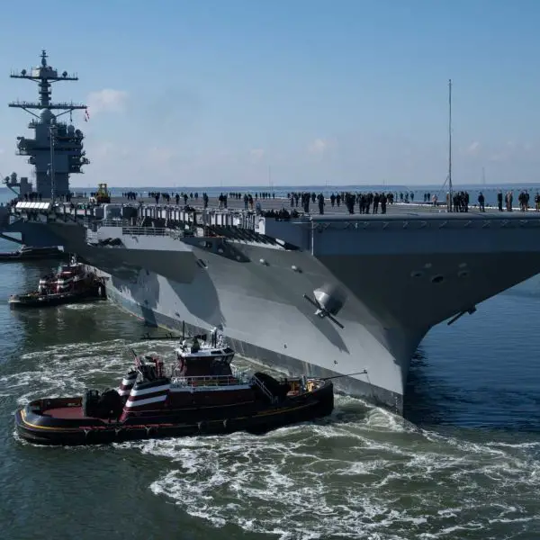 The construction of the USS John F. Kennedy began on July 20, 2015, at Newport News Shipbuilding, where structural assembly continued through 2019. The ship was launched on October 29, 2019, and christened on December 7, 2019, after which extensive outfitting followed over several years. (Picture source: HII)