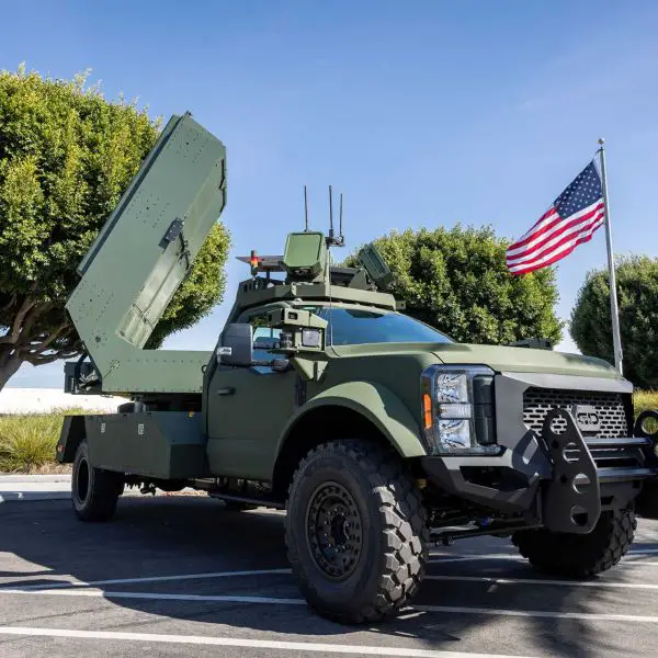 The Leonidas AGV works by emitting long, high-power microwave pulses that generate electrical currents inside a drone’s wiring, antennas, and electronics beyond what they can handle, effectively frying it from the inside. (Picture source: GDLS)