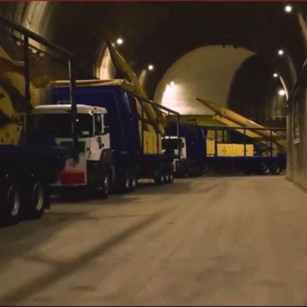 Iranian underground missile facility showing mobile launchers and stored ballistic missiles during inspection by IRGC Aerospace Force Commander Majid Mousavi