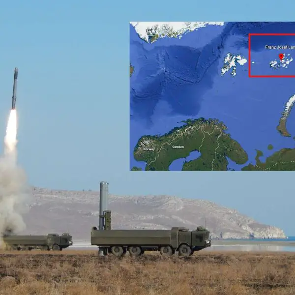 Russia’s Northern Fleet rehearsed mobile Bastion anti-ship missile strikes from Franz Josef Land to simulate denying NATO naval forces access to the Arctic (Picture Source: Google Maps / Russian MoD)