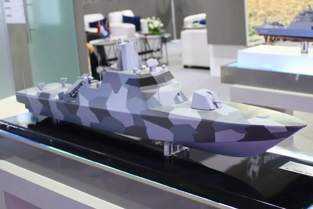 The MRTP-53 mock-up displayed by TAIS Shipyards at DSA 2026 in Malaysia shows this advanced-composites fast attack craft designed for high-speed littoral operations, with missile capability, a 76 mm gun, and an architecture intended for armed surveillance, maritime interdiction, and anti-surface warfare. (Picture source: Army Recognition)