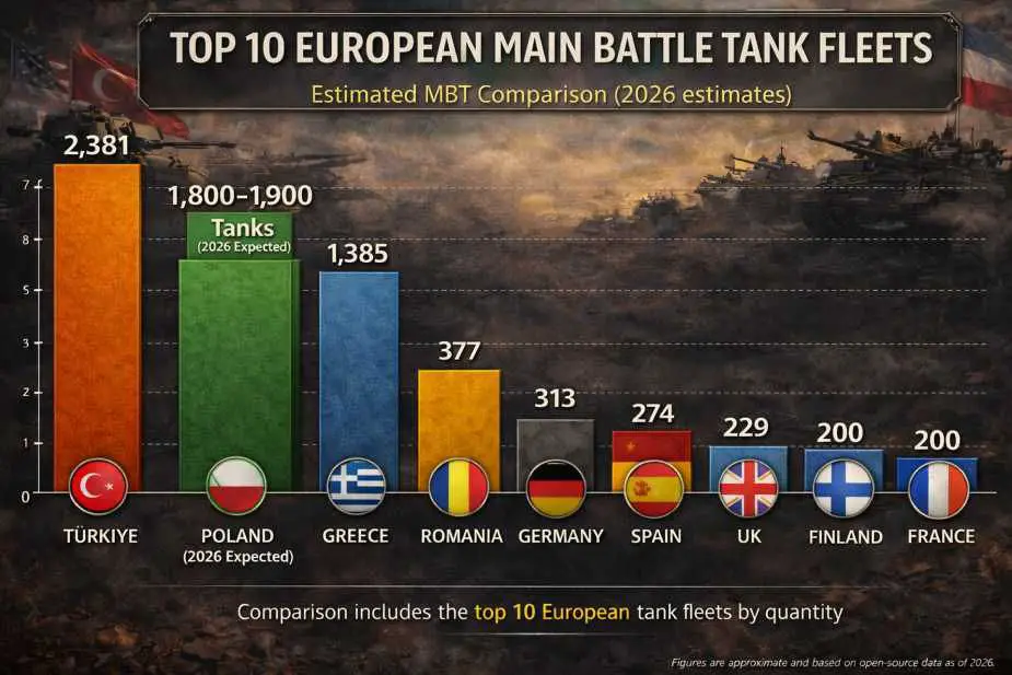 Top 10 European main battle tank fleets in 2026 highlight Türkiye’s numerical dominance with 2,381 MBTs, while Poland is set to reach 1,800–1,900 tanks, rapidly closing the gap. Greece remains third with 1,385 tanks, followed by Romania, Germany, and Spain, reflecting a mix of legacy mass and modernized armored capabilities acros