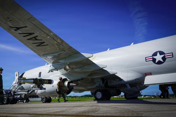 U.S. Navy sailors assigned to VP-26 load a Mark 54 lightweight torpedo onto a P-8A Poseidon during anti-submarine warfare operations at Kadena Air Base in Japan on May 7, 2026. (Picture source: US DoD)