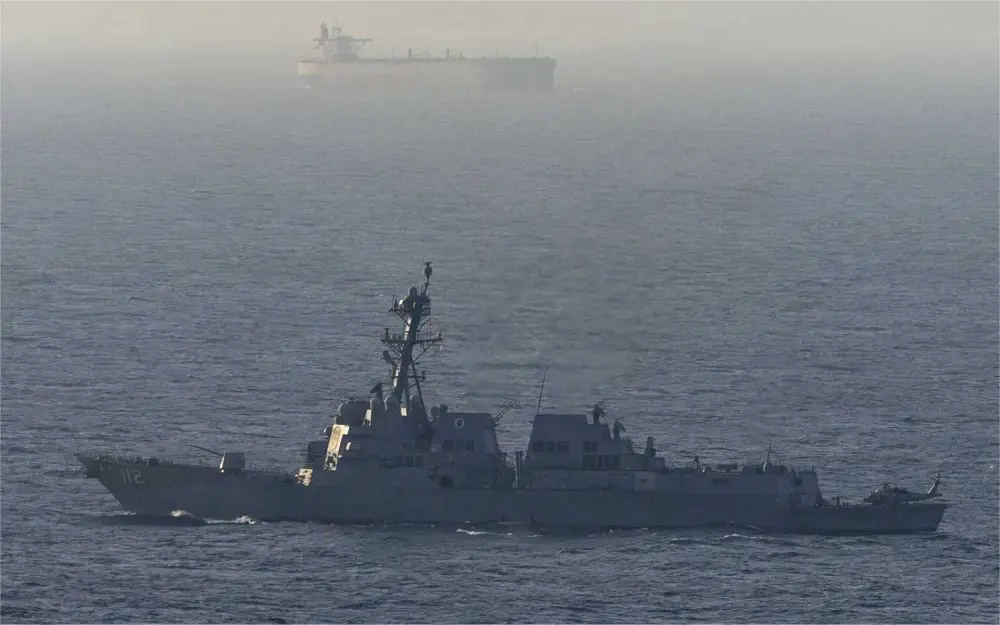 U.S. Navy Arleigh Burke-class guided-missile destroyer USS Michael Murphy (DDG 115) patrols the Arabian Sea during a maritime blockade against ships entering or exiting Iranian ports and coastal areas, April 15, 2026.