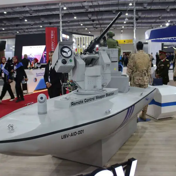 Based on Escribano's Guardian, the Eagle-2 turret on the USV-AIO-001 is a lightweight, two-axis gyro-stabilized remote weapon station designed for naval craft and capable of functioning at sea state 3 in all climatic conditions. (Picture source: Army Recognition)