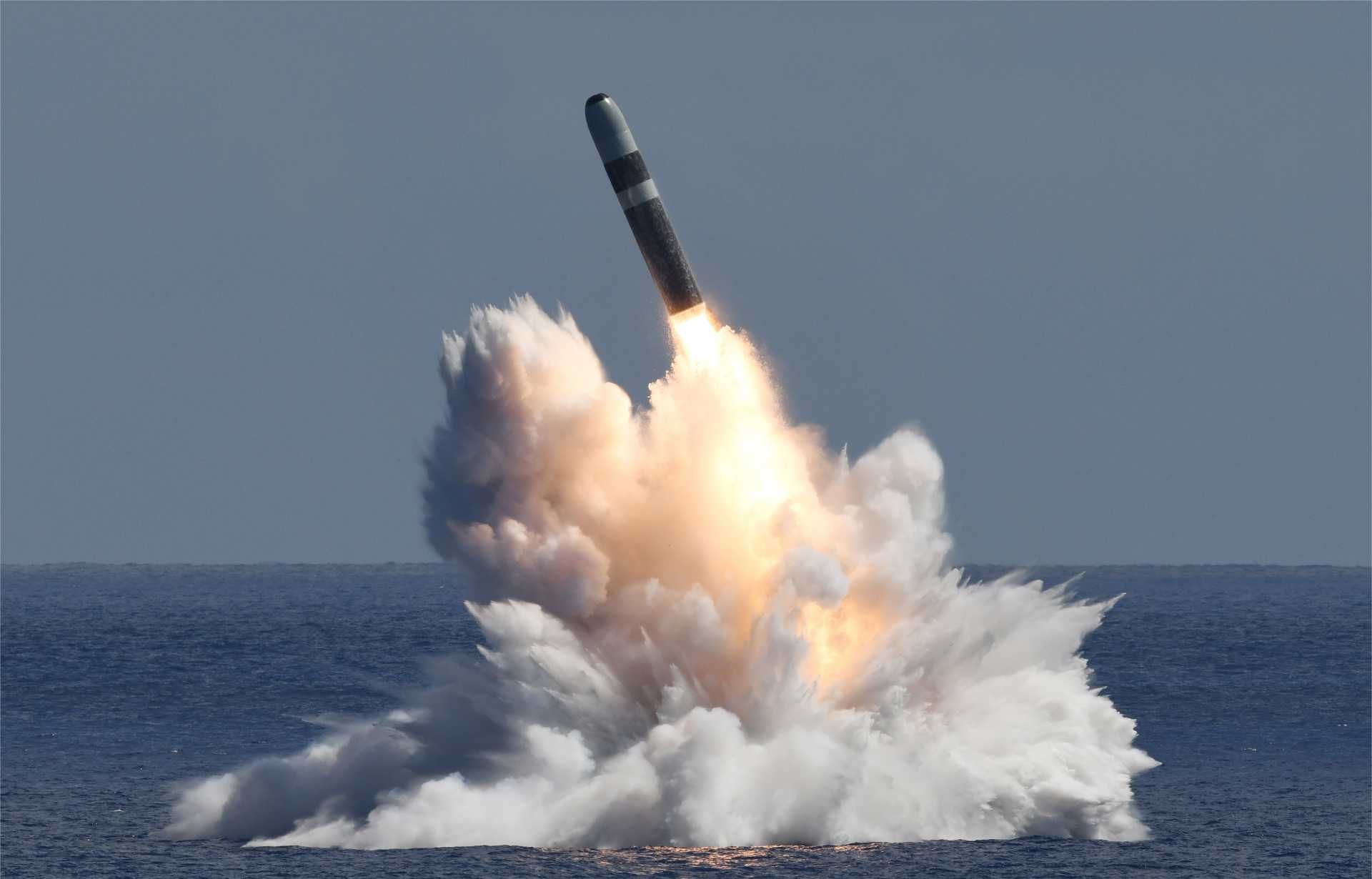 An unarmed Trident II D5 submarine-launched ballistic missile is launched from a U.S. Navy Ohio-class ballistic missile submarine during a flight test, demonstrating the reliability of onboard instrumentation systems critical to validating the performance and credibility of the United States’ sea-based nuclear deterrent.