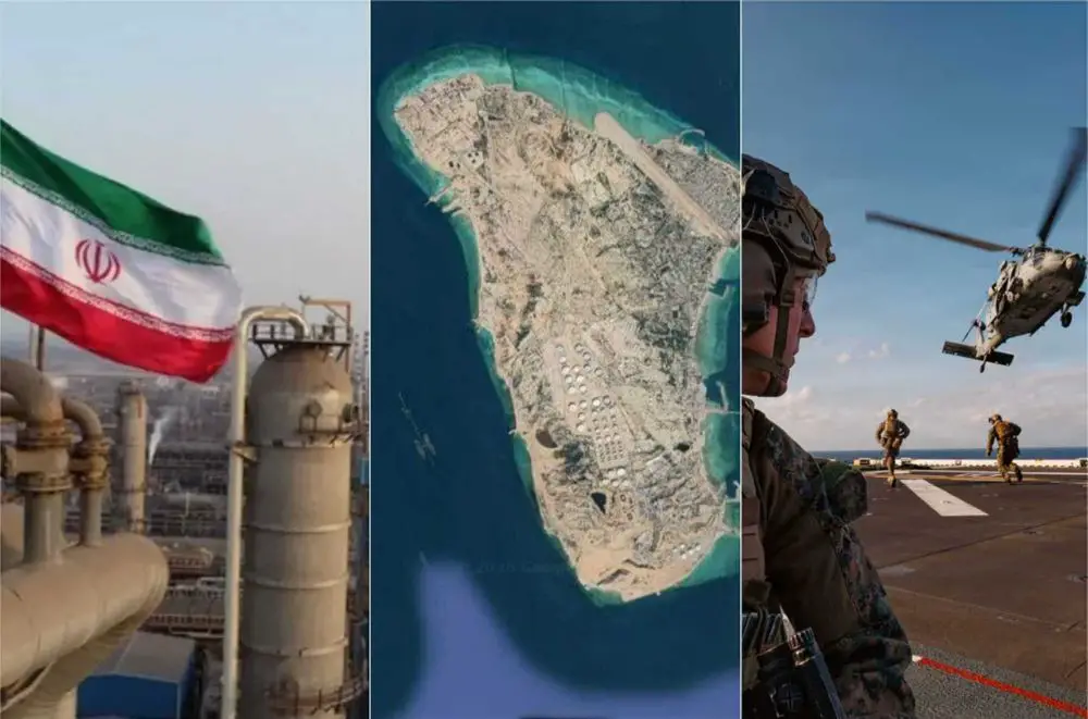 Because Kharg Island concentrates roughly 90–95% of Iran’s crude exports, with pipelines from major fields feeding a single deep-water terminal handling up to millions of barrels per day, controlling it offers the U.S a single-point leverage to pressure Tehran to reopen the Strait of Hormuz. (Picture source: Iranian MoD, Google Maps, US DoD)