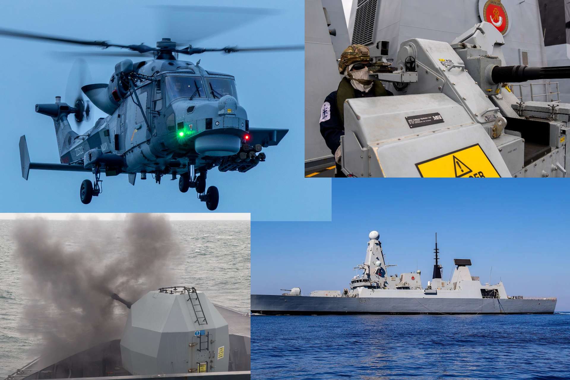 Royal Navy destroyer HMS Duncan and her Wildcat helicopter repelled swarms of drones, uncrewed surface vessels and simulated missiles off Wales in a high-intensity test of the UK’s layered naval air defence for critical infrastructure protection (Picture Source: Royal British Navy)