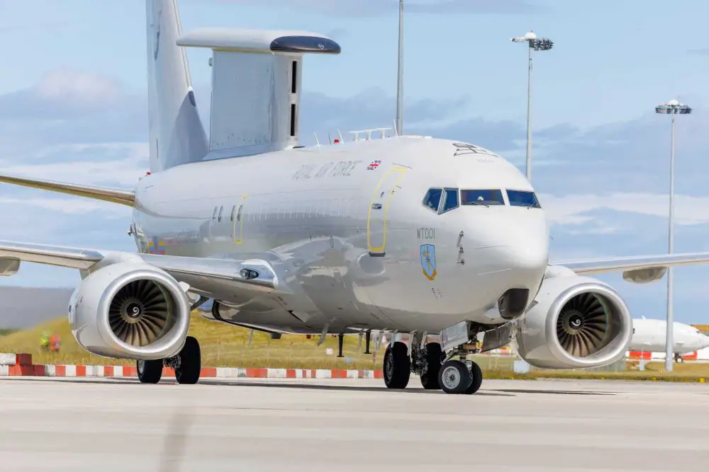 The E-7 Wedgetail, based on the Boeing 737 Next Generation airframe, uses Northrop Grumman's Multi-role Electronically Scanned Array radar mounted inside a fixed dorsal “top hat” structure instead of the rotating rotodome used on the E-3 Sentry. (Picture source: UK MoD)