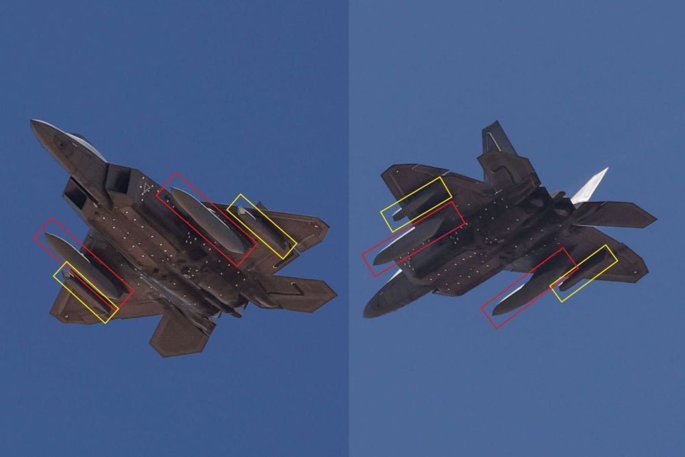 New images show an F-22 Raptor flying with stealth fuel tanks and sensor pods, signaling a U.S. push to extend range and boost passive detection in high-threat air combat (Picture Source: Jarod Hamilton on X)