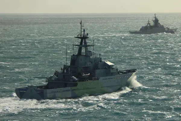 The Royal Navy used HMS Mersey and a Wildcat helicopter to continuously track a Russian frigate and a sanctioned tanker through the English Channel, underscoring intensified NATO maritime surveillance in European waters (Picture Source: Royal British Navy)