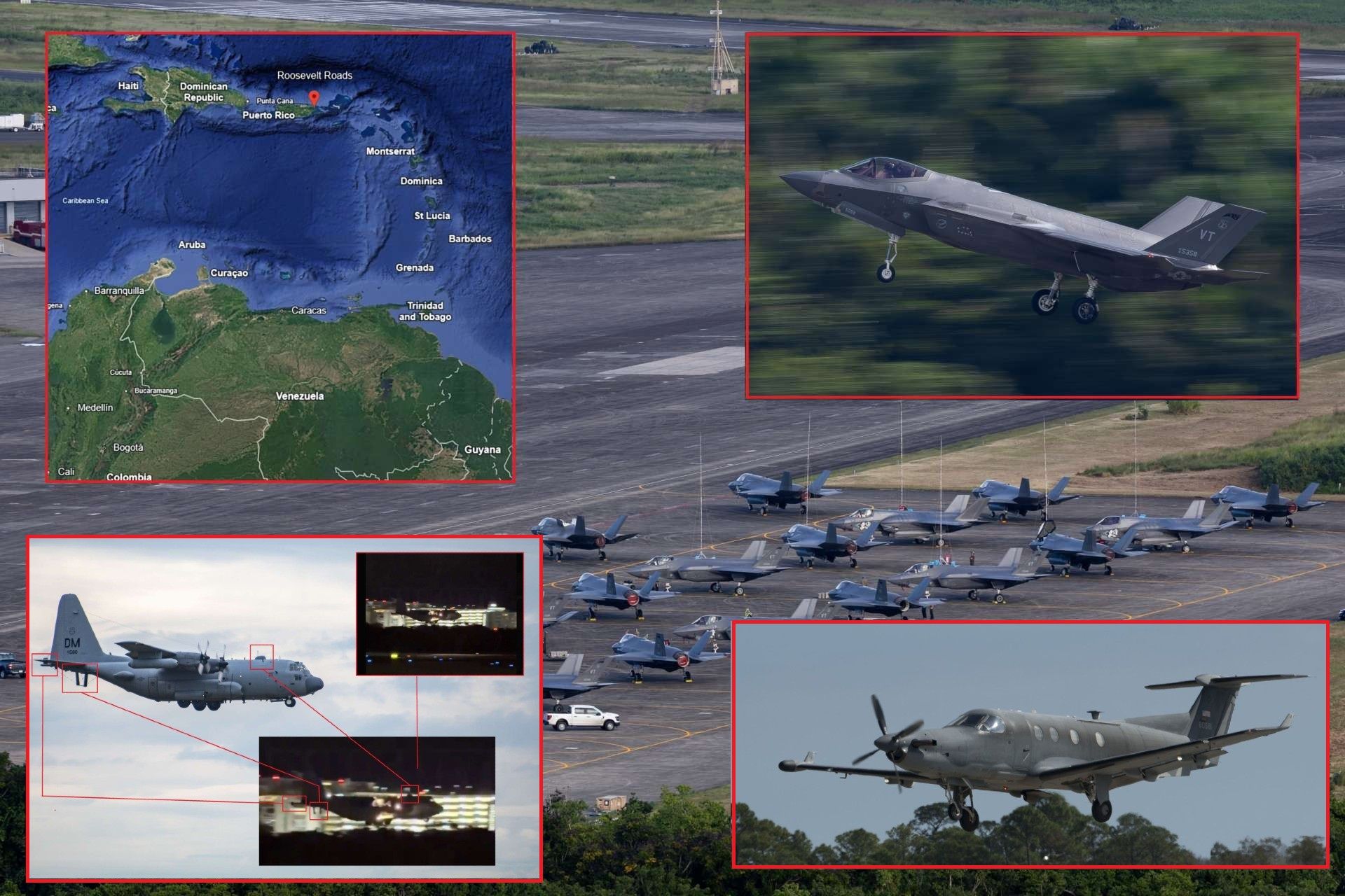 U.S. forces have expanded their Caribbean presence near Venezuela with ISR-heavy deployments that include U-28A Draco surveillance aircraft, EC-130H Compass Call electronic warfare platforms, and fighter activity involving F-5s alongside more advanced assets (Picture Source: U.S. Air Force / Ricardo Arduengo / Google Earth)