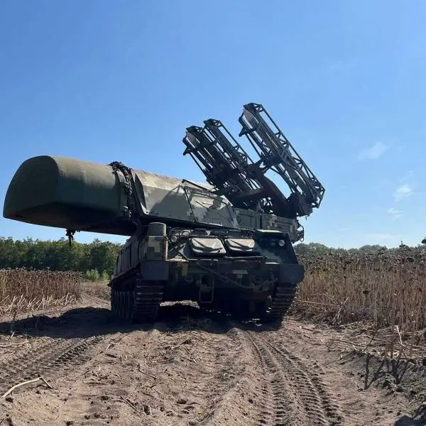 The Buk-based FrankenSAM retains the 9A310 transporter-erector-launcher and the 9S35 Fire Dome radar, exploiting common semi-active radar homing principles between the original 9M38 and the RIM-7 missiles. (Picture source: Ukrainian Sich Regiment)
