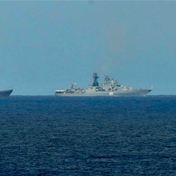 Russian naval group comprising the Kilo-class submarine Krasnodar and its escorts, including the destroyer Severomorsk, transiting southeast of Sicily. The formation was tracked by the Italian Navy frigate ITS Virginio Fasan.