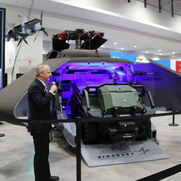 Sikorsky’s S-70UAS U-Hawk converts a legacy UH-60L into a fully autonomous heavy-lift aircraft with a redesigned clamshell nose, expanded cargo bay, and tablet-based MATRIX flight control system, enabling unmanned resupply, UGV deployment, and long-range logistics operations in contested environments (Picture source: Army Recognition Group).