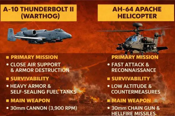 A-10 Thunderbolt II delivers precision close air support with its 30mm GAU-8 cannon and Maverick missiles, while AH-64 Apache helicopter provides rapid strike and armed reconnaissance using Hellfire missiles, rockets, and a 30mm chain gun in high-threat environments.