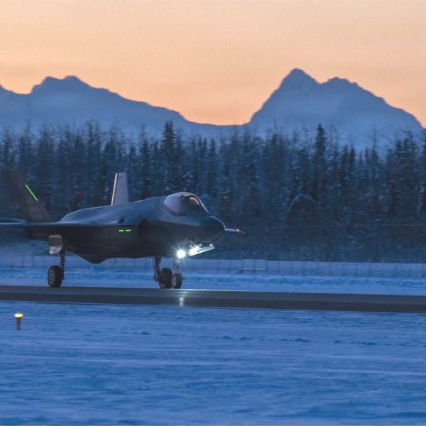 A U.S. Air Force F-35A Lightning II from the 354th Fighter Wing touches down at Eielson Air Force Base, Alaska, following Arctic flight operations during Operation TUNDRA MERLIN on December 9, 2025.
