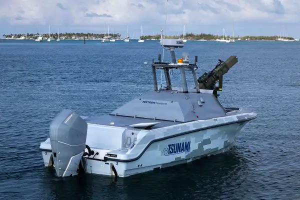 Textron Systems’ TSUNAMI 25 uncrewed surface vessel will support U.S. Navy Fourth Fleet and SOUTHCOM trials in Key West, combining high-speed maritime surveillance, autonomous interdiction support, and potential precision armament for counter-drug and littoral security missions (Picture source: U.S. DoW).