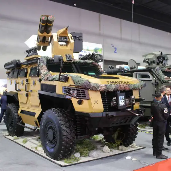 MILDEF’s Tarantula 4x4 armored vehicle displayed at DSA 2024 in Kuala Lumpur with a twin-launcher for Roketsan’s OMTAS medium-range anti-tank missile, highlighting a modular Malaysian approach to mobile protected anti-armor warfare (Picture source: Army Recognition Group).