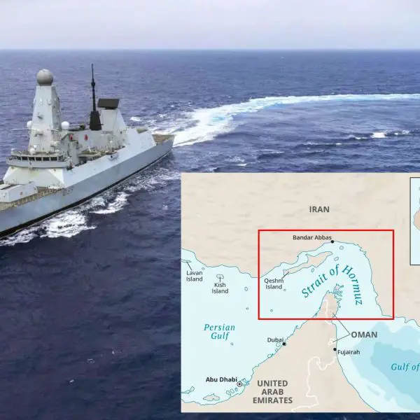 The Royal Navy has deployed the Type 45 destroyer HMS Dragon toward the Middle East to support a future UK and French-led coalition mission aimed at securing commercial shipping and restoring freedom of navigation in the Strait of Hormuz after a potential ceasefire (Picture Source: Royal British Navy / Britannica)