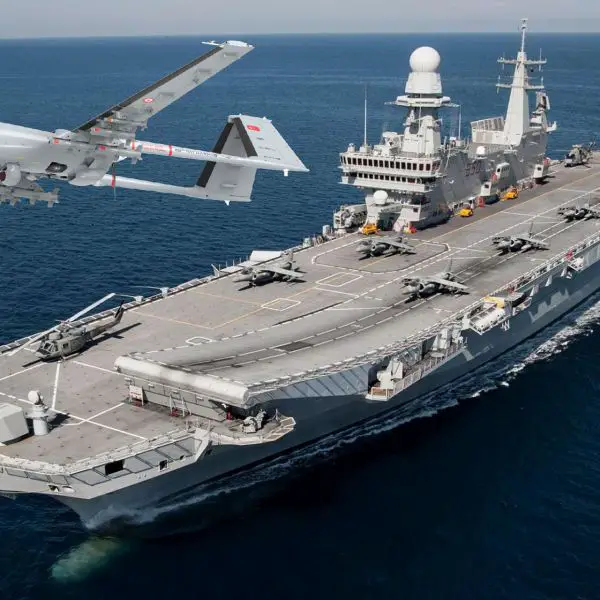 Italy is preparing to operate Bayraktar TB3 armed naval drones from the aircraft carrier Cavour, a move that would expand the Italian Navy’s carrier-based surveillance and precision strike capabilities (Picture source: Italian Navy/ Baykar).