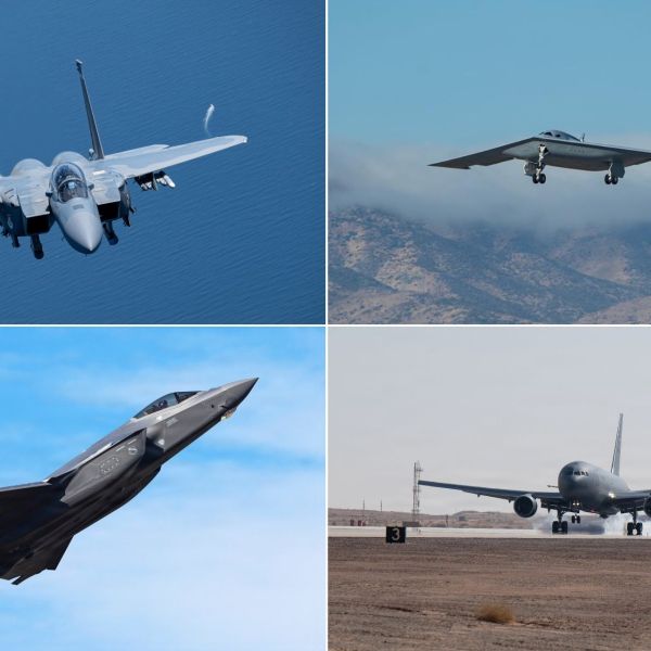 A composite view of U.S. air power featuring F-35 Lightning II, F-15EX Eagle II, B-21 Raider and KC-46A Pegasus illustrating integrated strike, payload, and long-range sustainment capabilities. (Picture source: US DoD)