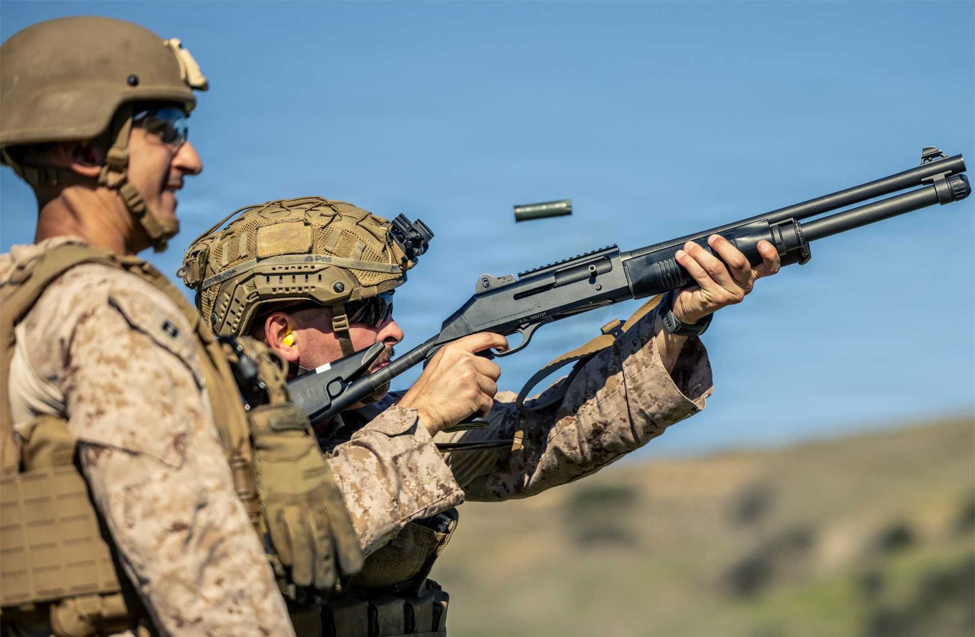 U.S. Marine Sgt. Emerick Wurstner fires an M1014 shotgun during a counter-small drone training range at Camp Pendleton during Exercise Steel Knight 25, Dec. 2, 2025.