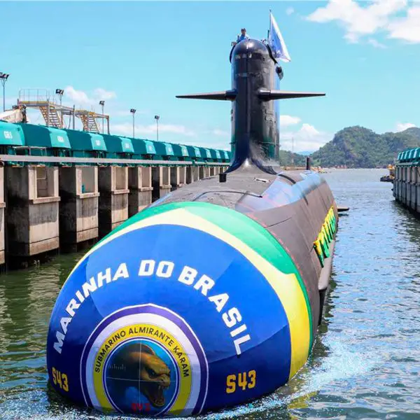 Brazilian Navy launches the Almirante Karam (S43) submarine at the Itaguaí Naval Complex on November 26, 2025, marking the final conventional unit of the PROSUB program before the transition to nuclear submarine production.