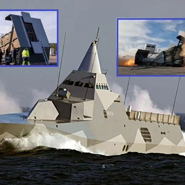 The Swedish Navy’s angular Visby-class stealth corvette is being refitted with a flush, robotic deck hatch that will conceal and deploy a new generation of longer-range Robot 15 anti-ship missiles while keeping the ship’s radar signature extremely low (Picture Source: Swedish MoD)
