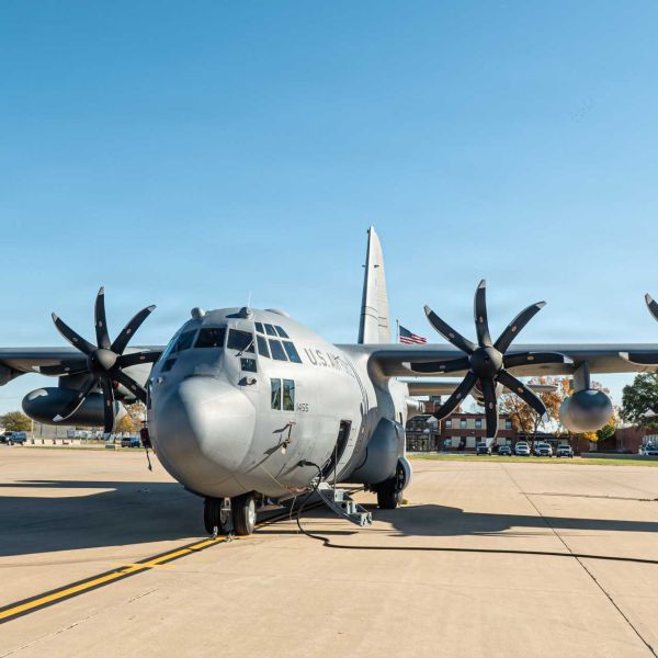 A C-130H3 Hercules assigned to the 139th Airlift Wing sits on the Rosecrans Air National Guard Base flightline on Nov. 5, 2025, marking the unit’s first H3 variant equipped with NP2000 eight-bladed propellers.