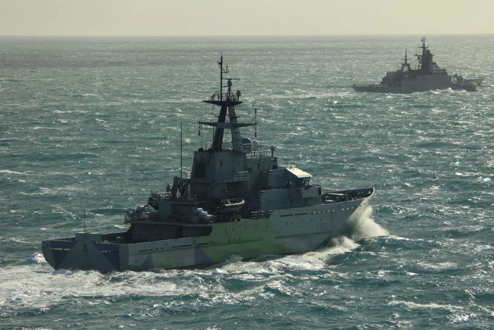 The Royal Navy used HMS Mersey and a Wildcat helicopter to continuously track a Russian frigate and a sanctioned tanker through the English Channel, underscoring intensified NATO maritime surveillance in European waters (Picture Source: Royal British Navy)