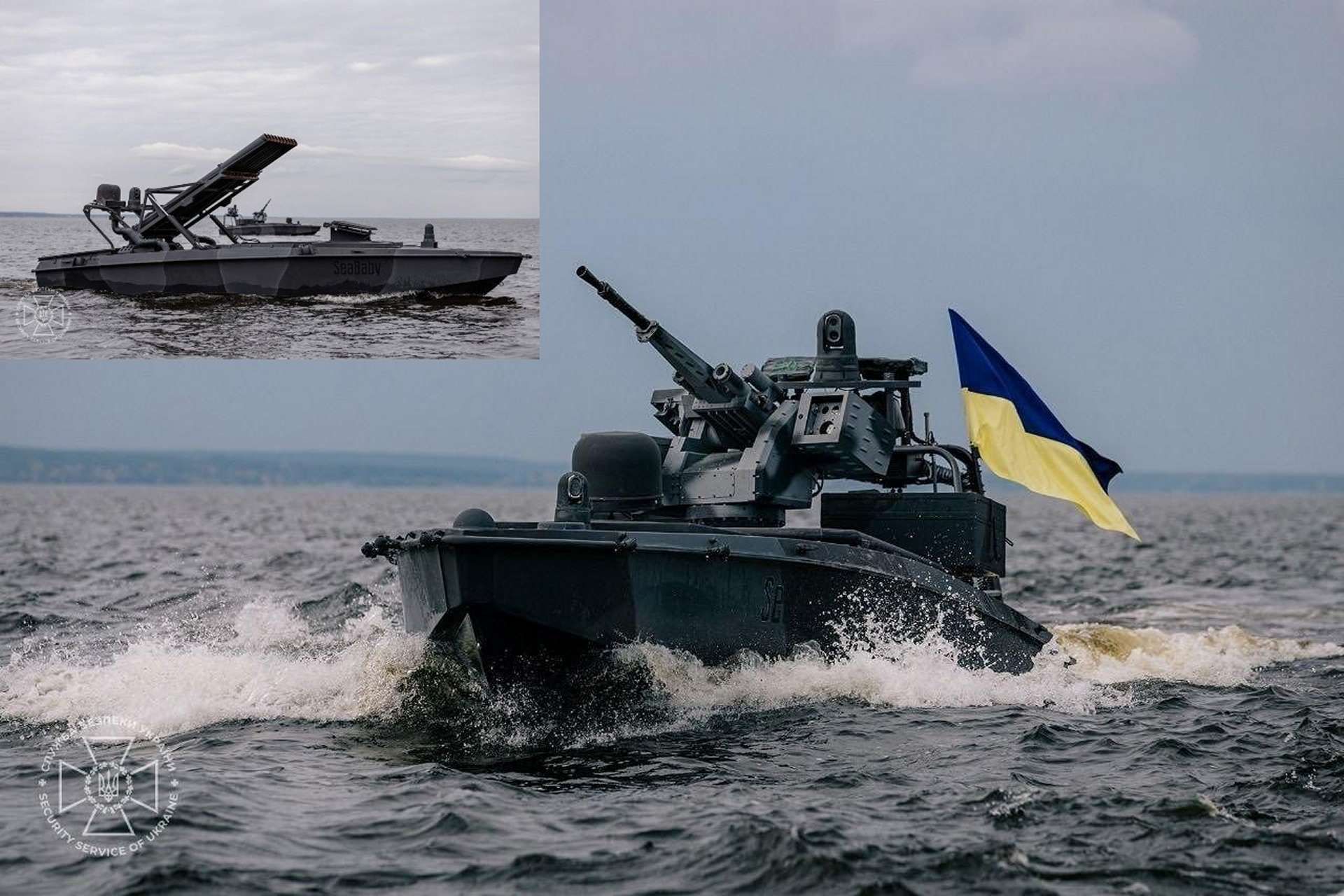 Two new armament variants highlight the Sea Baby’s modular design. One mounts a stabilized remote machine gun for point defense, while the other carries a ten-tube Grad-class rocket launcher for shore fire support and deception missions (Picture Source: SBU)