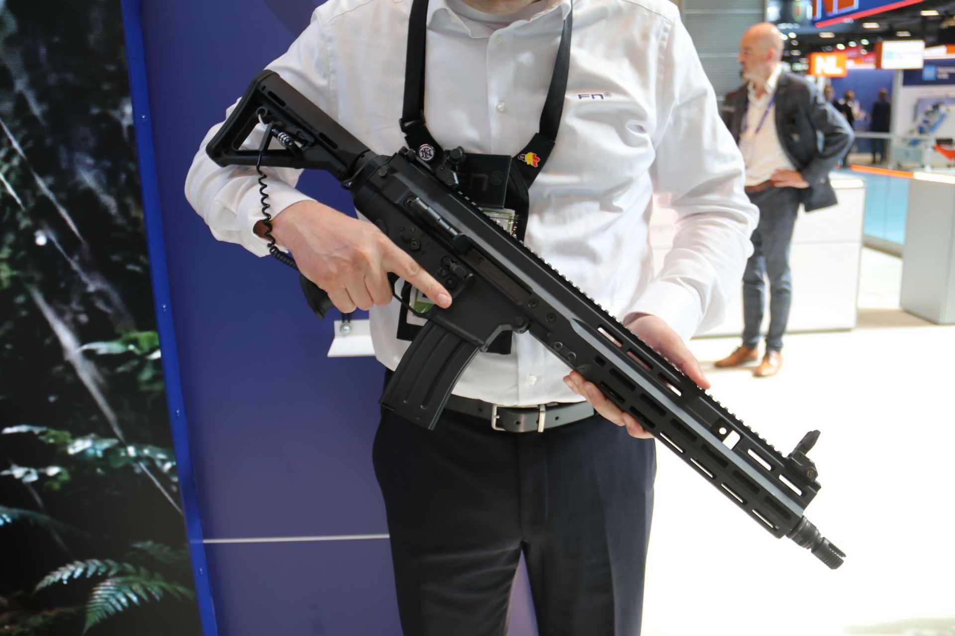 FN Herstal's new FN ARKA 5.56x45mm NATO assault rifle on display during its official unveiling at Eurosatory 2026 in Paris France.