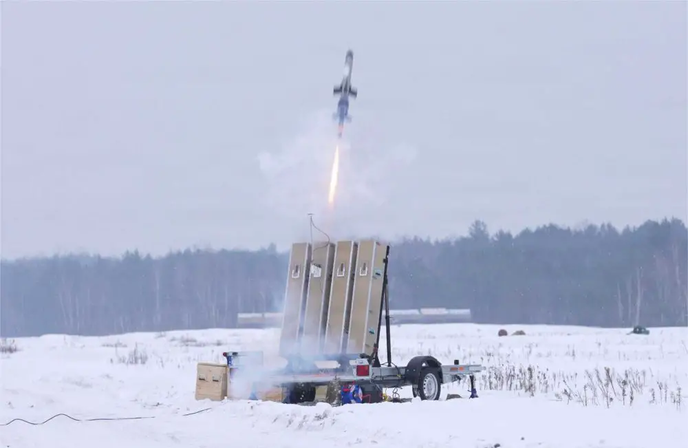 An IonStrike counter-UAS interceptor launches from a multi-cell launcher during Project Bullfrog testing on February 4, 2026, at an undisclosed location in Europe, demonstrating a new low-cost kinetic defense capability against one-way attack drones.