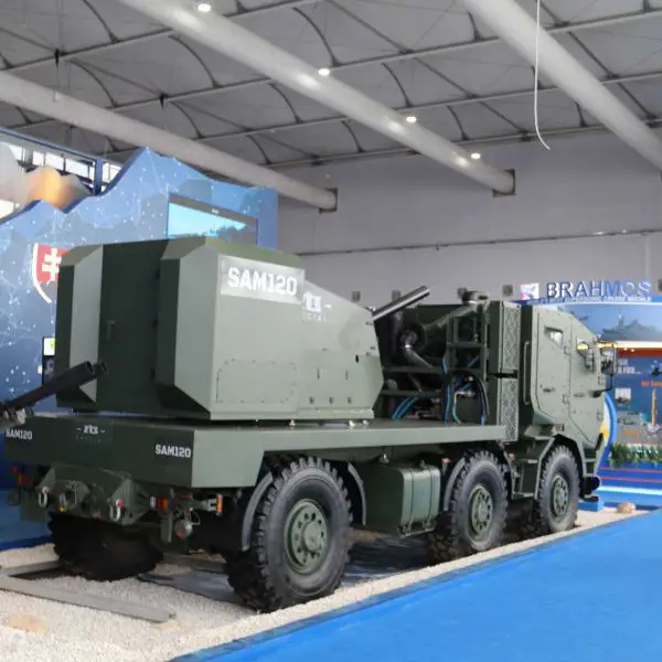 The SAM-120 120 mm automatic mortar weapon station displayed at WDS 2026 in Riyadh, mounted on a 6x6 military truck chassis with an armored front crew cab, highlighting Slovakia’s mobile self-propelled indirect fire solution proposed for Azerbaijan’s land forces.