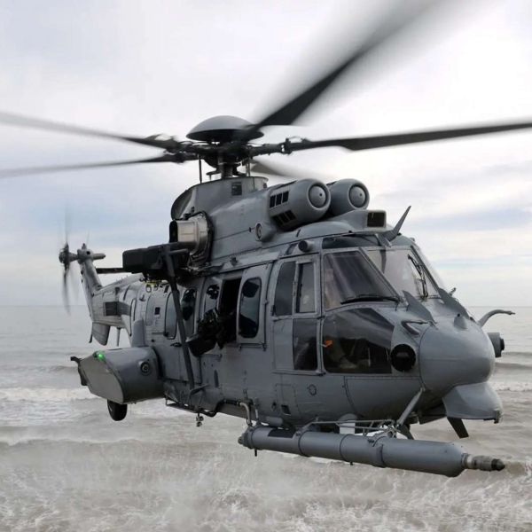 The Airbus H225M Caracal is a long-range, twin-engine multirole helicopter capable of carrying up to 31 troops or 4,750 kg of cargo, featuring advanced avionics, self-sealing fuel tanks, and modular armament options for special operations, search and rescue, and maritime missions (Picture source: DGA).