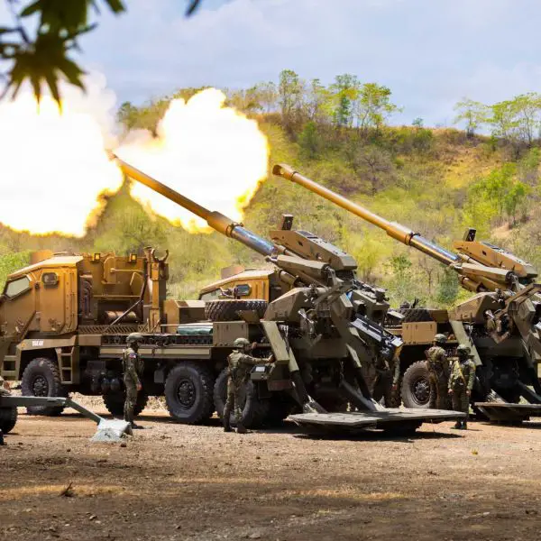 Philippine Army soldiers from the Army Artillery Regiment “King of Battle” fire ATMOS 155mm truck-mounted self-propelled howitzers during Exercise Salaknib 26 at Fort Magsaysay Combat Readiness Training Area in Canantong, Nueva Ecija, Philippines, on April 16, 2026.